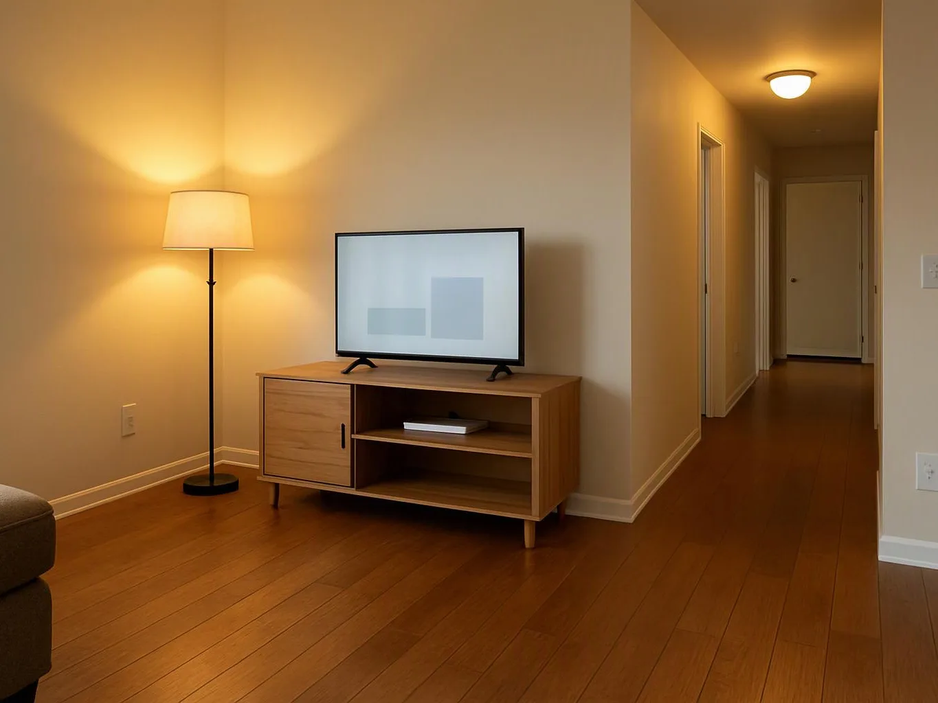 A warm living room shows a floor lamp, a TV on a wooden stand, and a hallway leading deeper inside