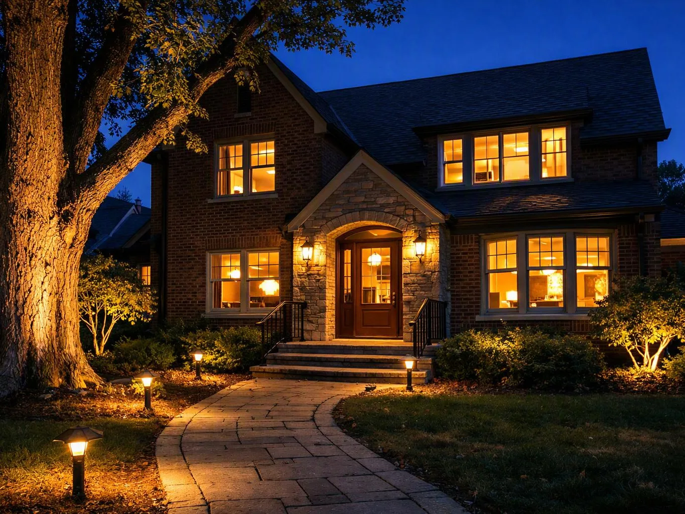 A warmly lit brick house stands at dusk, with a stone entry, glowing windows, and a curved walkway through the yard