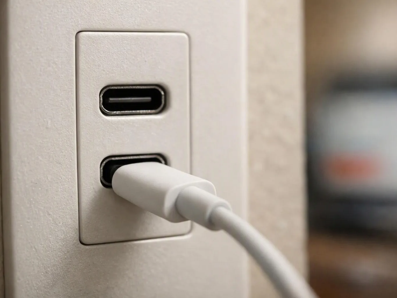 A white cable is plugged into a wall charger with two USB-C ports on a beige surface