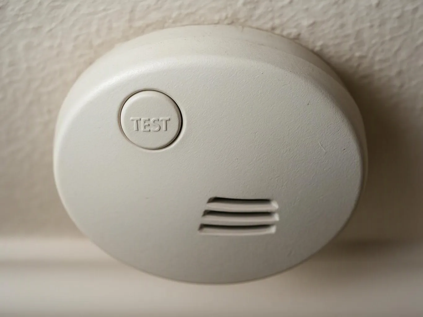 A white smoke detector with a TEST button is mounted on a textured wall and ceiling corner