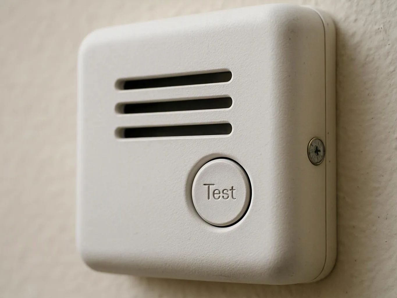 A white wall-mounted alarm unit with three vents and a round button labeled “Test” is shown close up