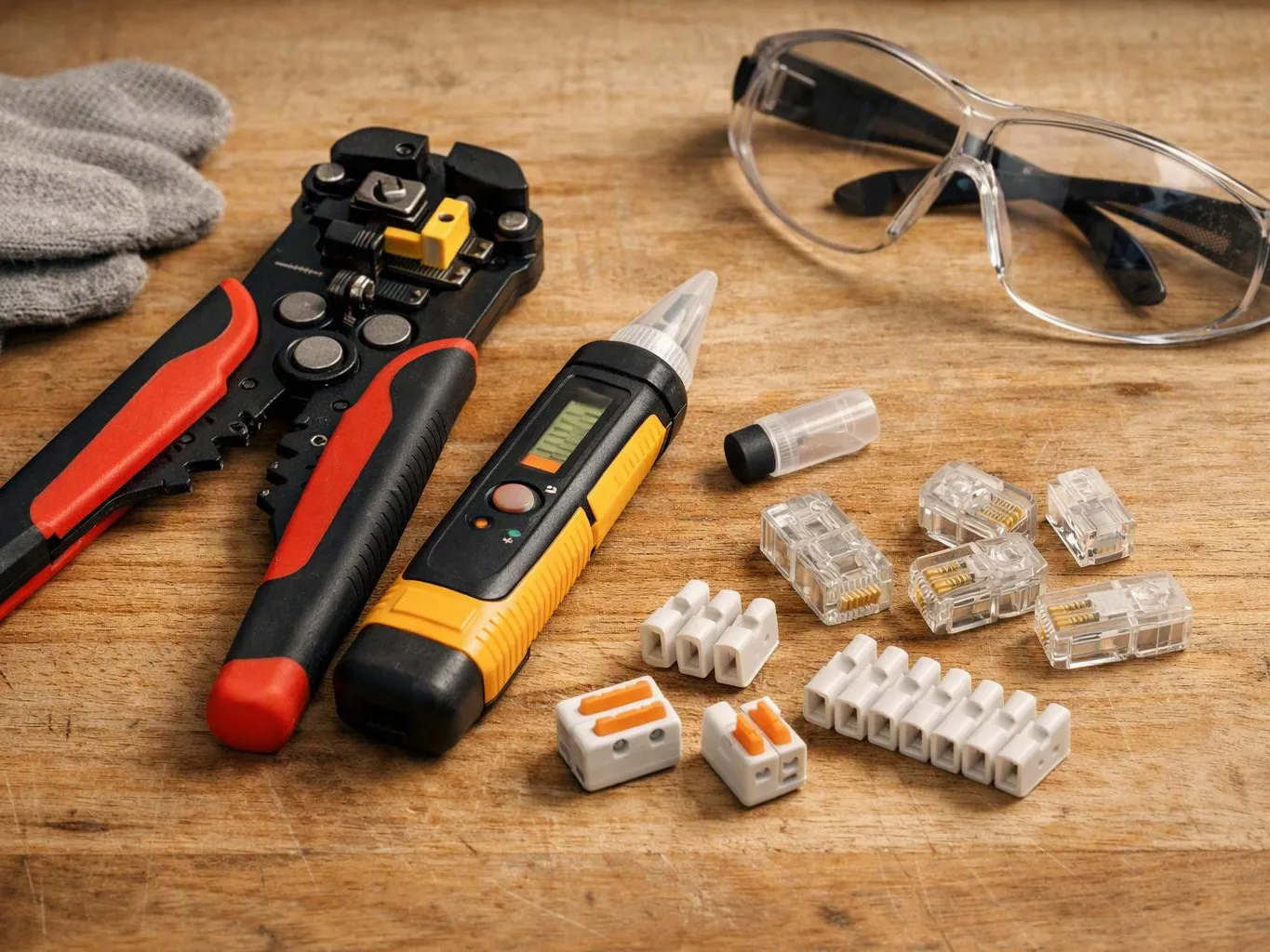 Wire stripping tools, connectors, safety glasses, and gloves are arranged on a wooden workbench