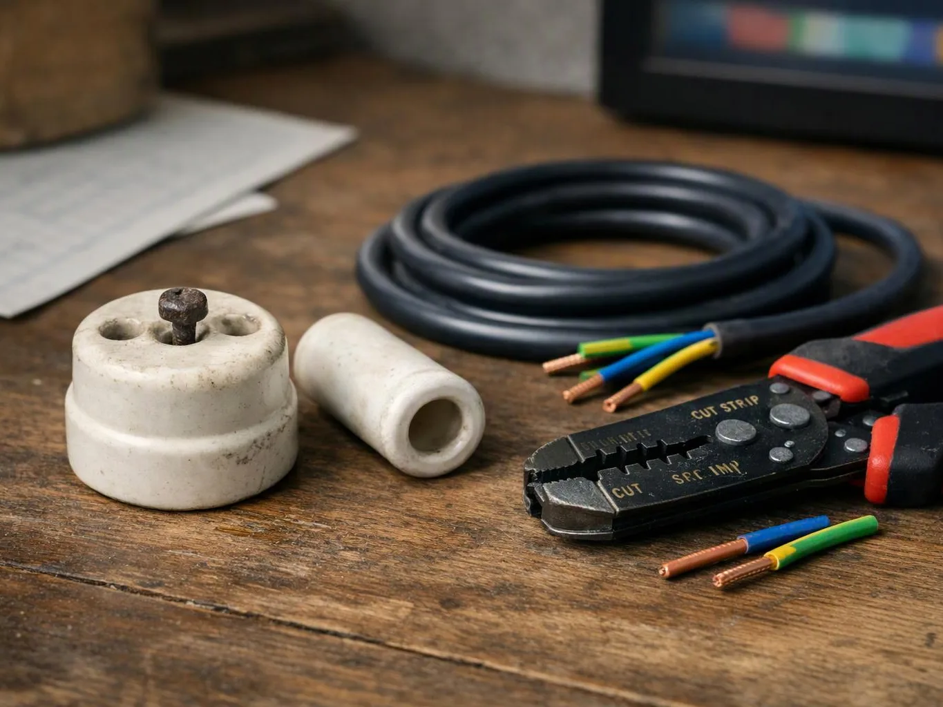 A workbench holds electrical wire, a stripper tool, ceramic parts, and cut colored cable ends