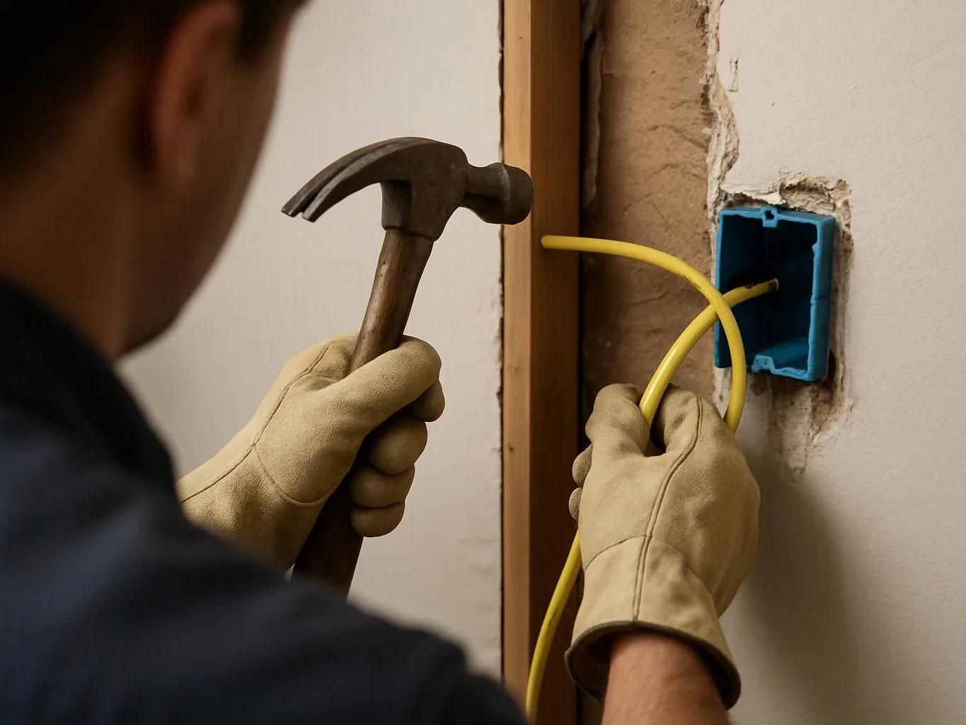 A worker in gloves holds a hammer and yellow cable beside a blue wall outlet box inside a partly opened wall