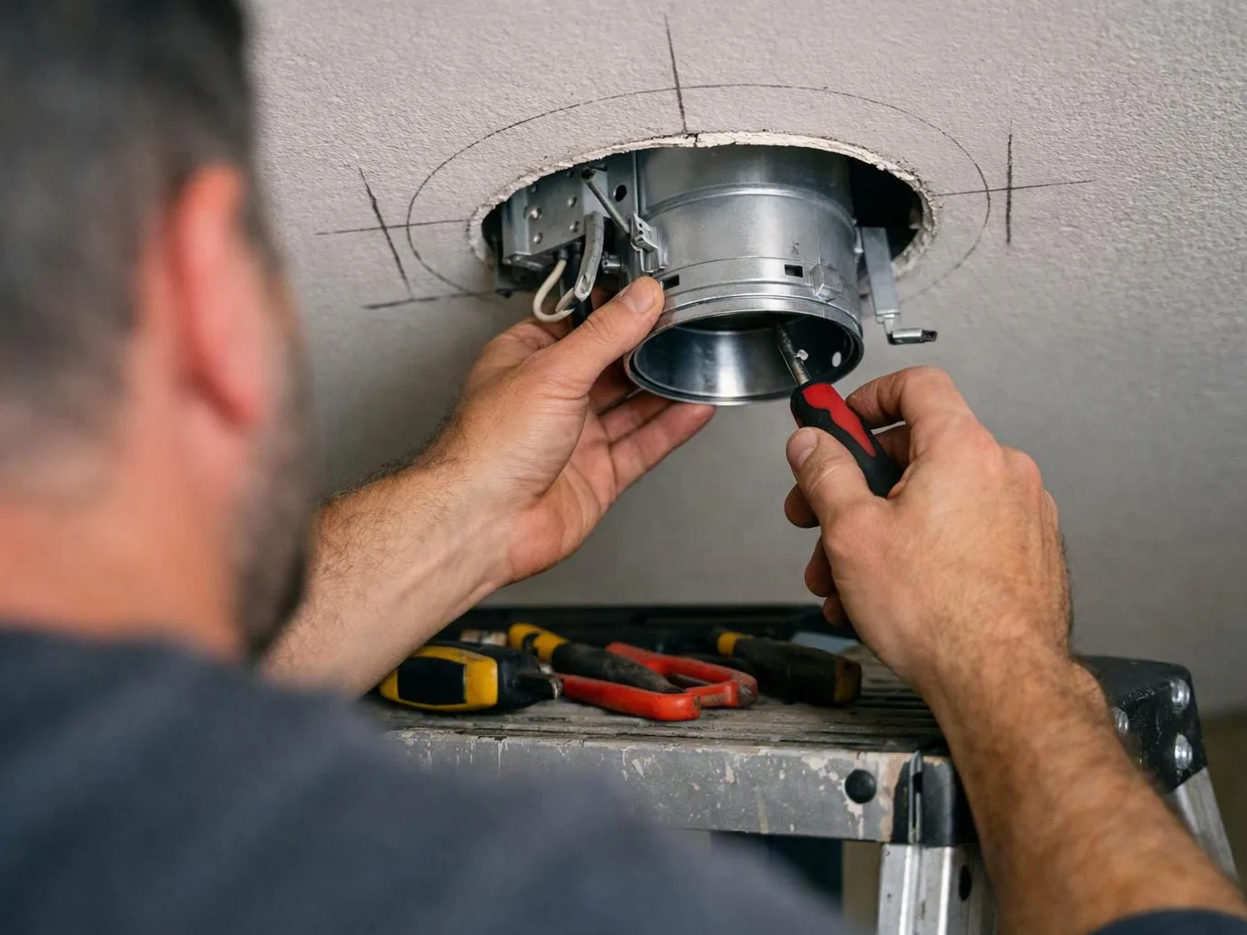 A worker installs a metal ceiling vent while holding a screwdriver under a cutout hole