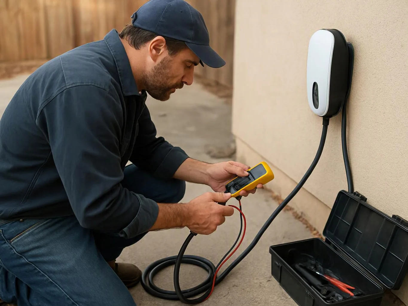 A worker kneels beside a wall, testing an outdoor charging unit with a yellow meter and cables