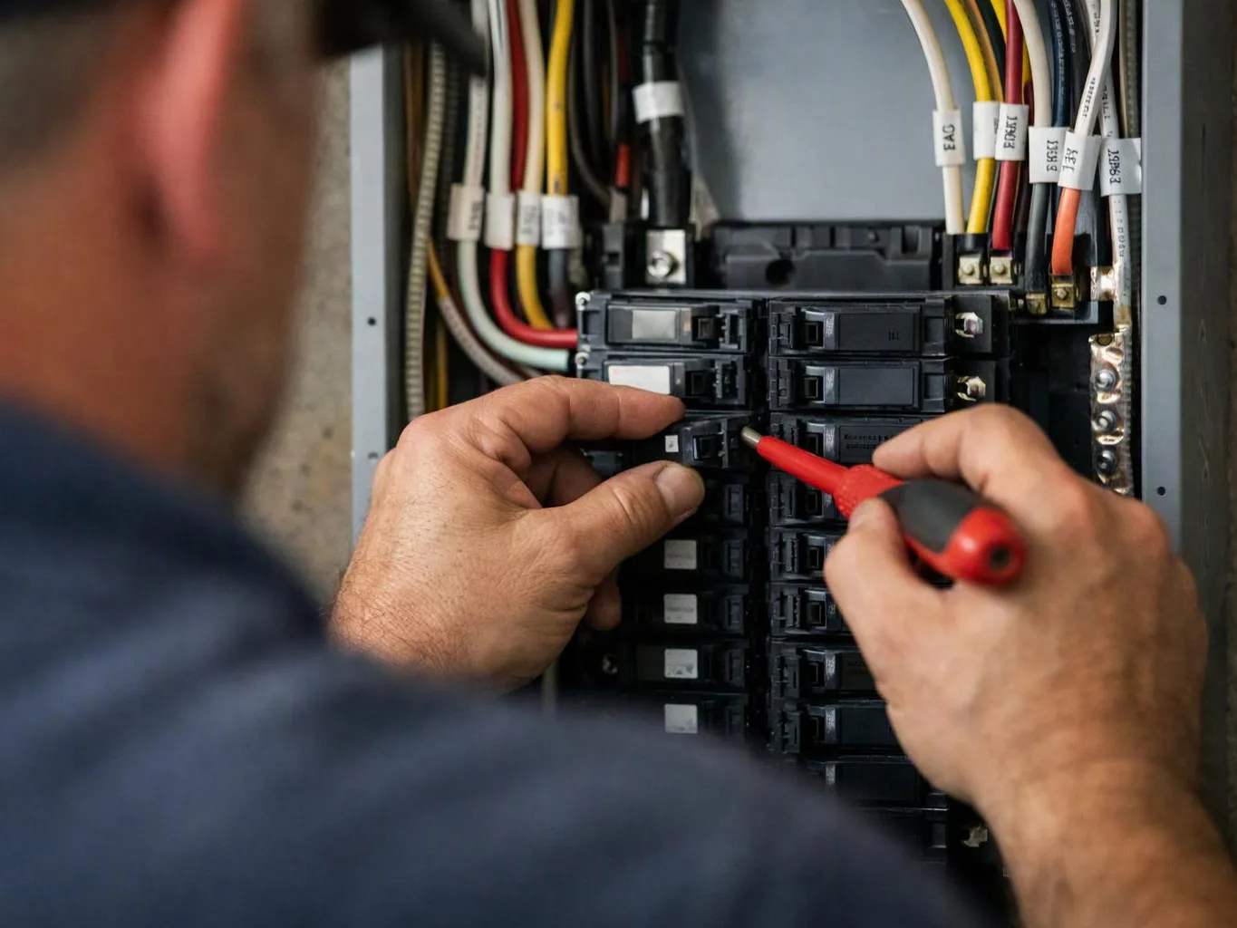 A worker tests a breaker panel with a red screwdriver while wiring fills the open electrical box