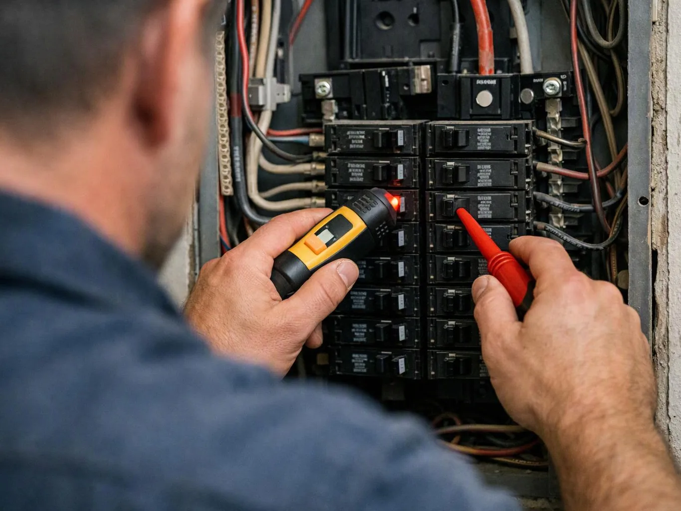 A worker tests circuit breakers in an open electrical panel with a flashlight and probe
