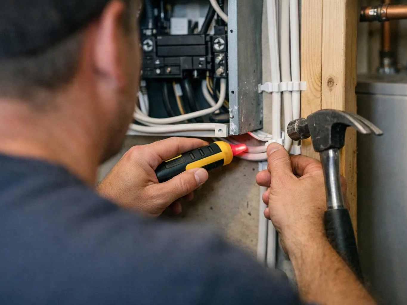 A worker tests wires inside an open electrical panel, holding a voltage tester beside a hammer and conduit lines