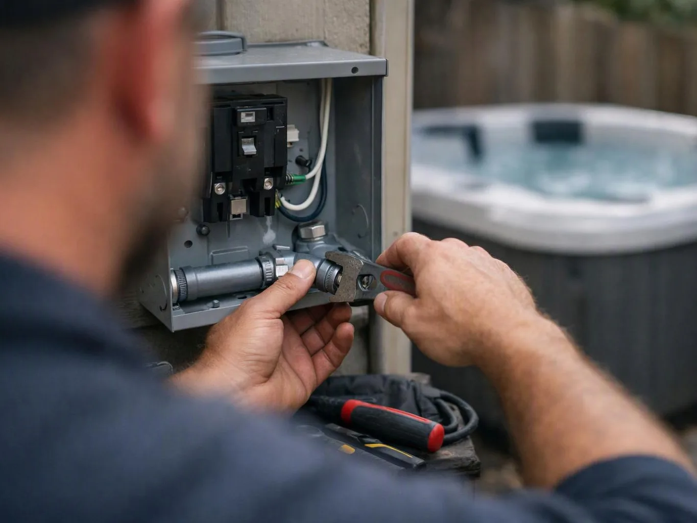 A worker tightens a metal fitting inside an open electrical box beside a blurred hot tub