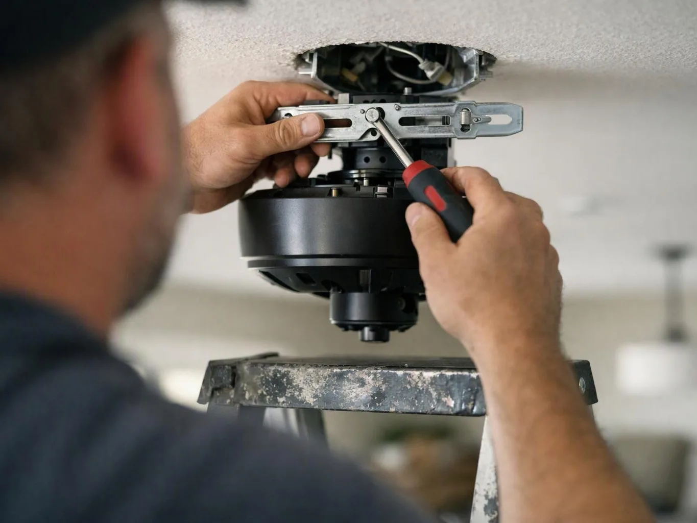 A worker uses a screwdriver to adjust a ceiling fixture with exposed wiring and a black mount
