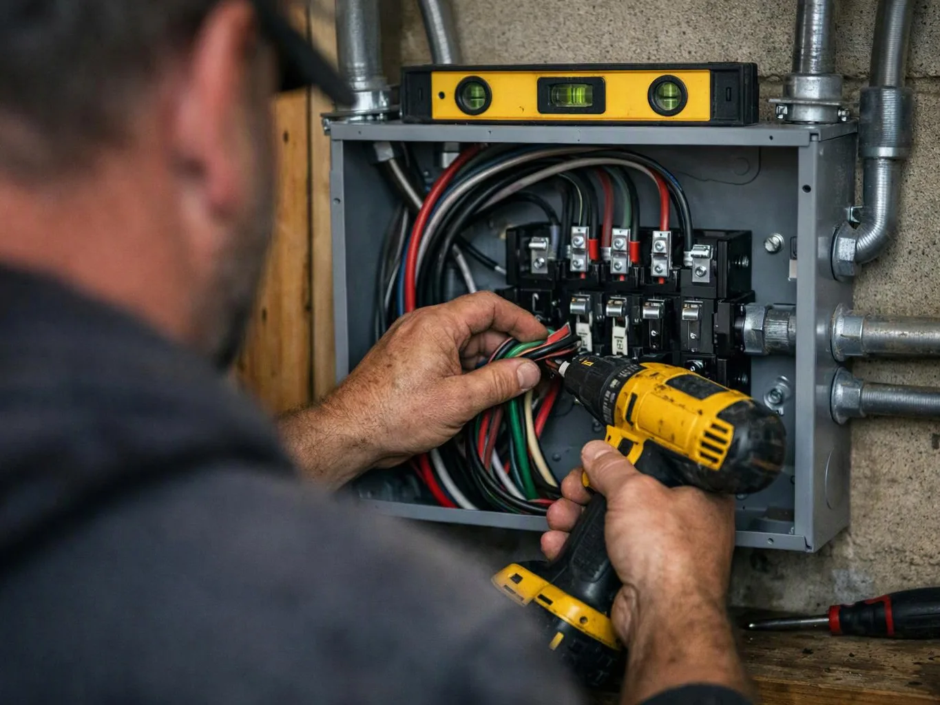 A worker uses a yellow drill to wire an open electrical panel mounted on a wall