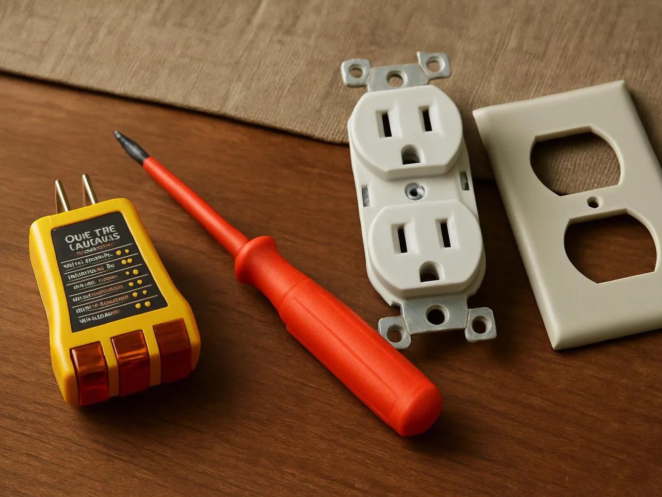 A yellow outlet tester, red screwdriver, and white duplex outlet parts lie on a wooden surface