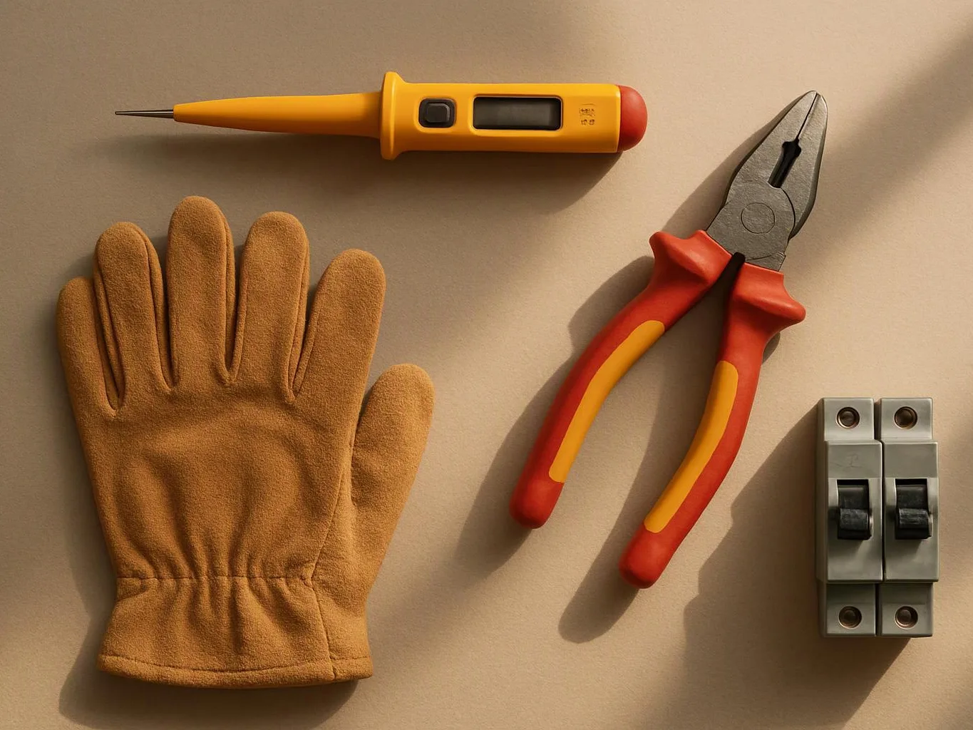 A yellow voltage tester, insulated pliers, a work glove, and two breaker switches lie on a beige surface